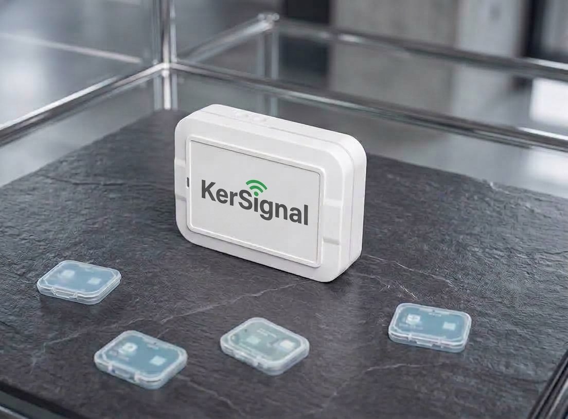 KerSignal gateway and four sensor modules on a slate surface
